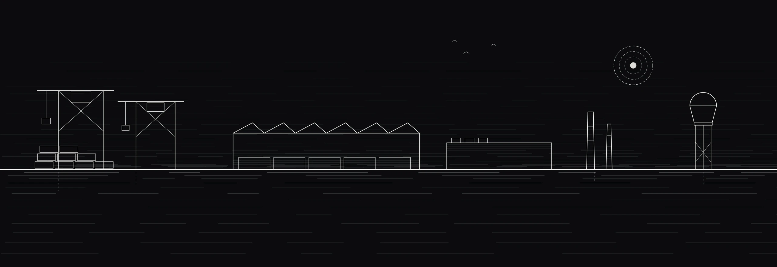 Engraved industrial waterfront skyline